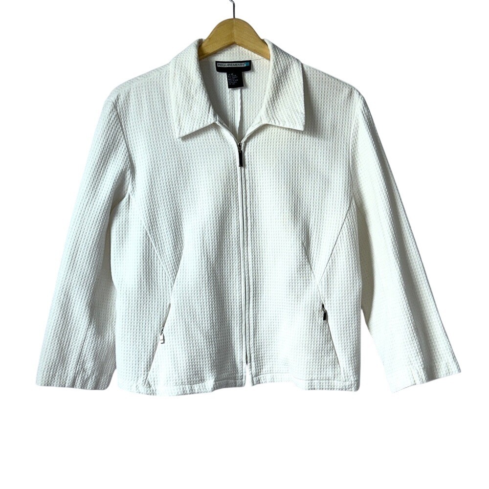 Requirements Women White Textured Waffle Zip-Up Jacket  Top Size‎ 16